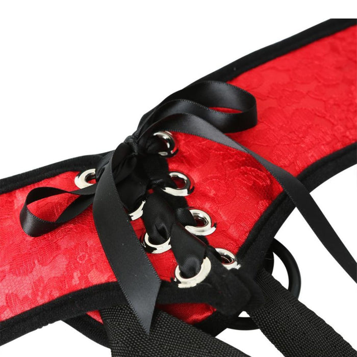 Red Lace Corsette Strap On Harness- One Size Fits Most by Sportsheets close up view of corsette straps