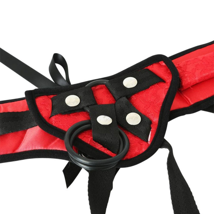 Red Lace Corsette Strap On Harness- One Size Fits Most by Sportsheets close up of front of harness unworn