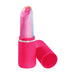 The Retro Discreet Powerful Lipstick Vibrator - Pink by VeDO is a bright pink, cylindrical object that resembles a lipstick case with its cap off. It reveals a rounded tip adorned with a marbled pattern of pink and blue. The silicone base features '+' and '-' symbols, indicating multiple vibration modes for this electronic device.