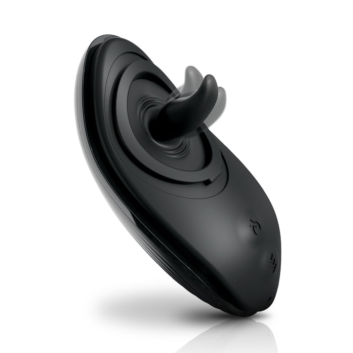 Introducing the Rim Joy Rimming Warming Tongue Vibrator by Pipedream Products, a sophisticated black intimate device featuring a curved, ergonomic design. It includes special ridges that enhance comfort and performance. The vibrator boasts a subtle yet effective warming function along with minimalist control buttons for ease of use. Its waterproof design ensures long-lasting durability and an enticing modern appeal.