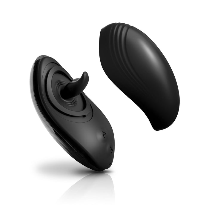 A pair of sleek black Rim Joy Rimming Warming Tongue Vibrators by Pipedream Products with a waterproof design. The left vibrator is shown from a front angle, highlighting the warming tongue tip, while the right vibrator is displayed from a side angle, showcasing its smooth contours. Both have a modern, glossy finish.