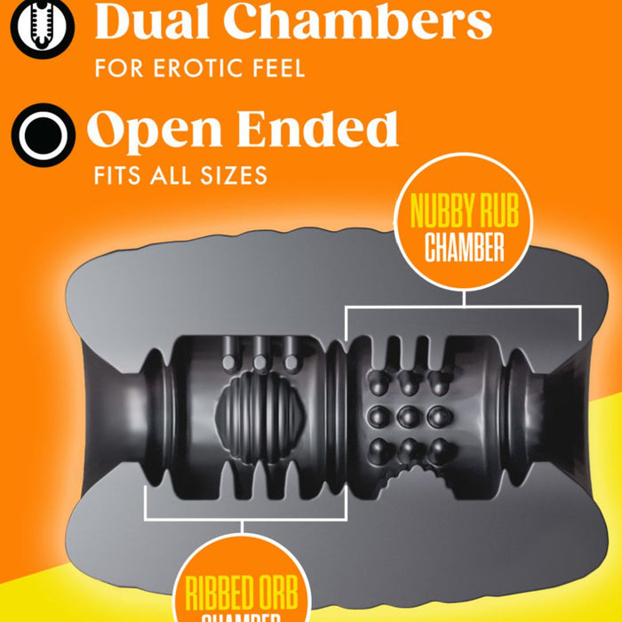 An advertisement for a Rize Grasp Self Lubricating Extra Soft Stroker - Black by Blush with various textures labeled "nubby rub chamber" and "ribbed orb." The background is orange with descriptive text about