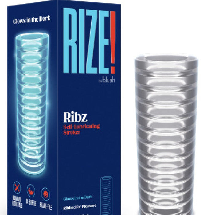 Rize Ribz Self Lubricating Glow in the Dark Stroker next to box 