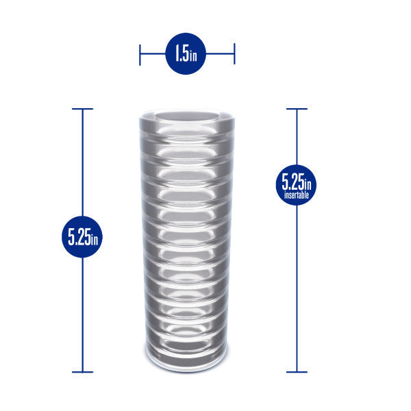 Image of the Rize Ribz Self Lubricating Glow in the Dark Stroker by Blush. The cylindrical object features grooves along its length and is clear in color. Measurements are shown as 1.5 inches in diameter and 5.25 inches in height, with an insertable length of 5.25 inches, annotated with blue horizontal and vertical lines.