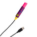 A pink and blue patterned electronic device with a yellow base labeled "WOW" is attached to a black USB charging cable, which is visible at the bottom of the image. The Romp Lipstick First Time Pleasure Air Clitoris Stimulator Vibrator, boasting a sleek, cylindrical shape, promises enhanced pleasure with its innovative design.