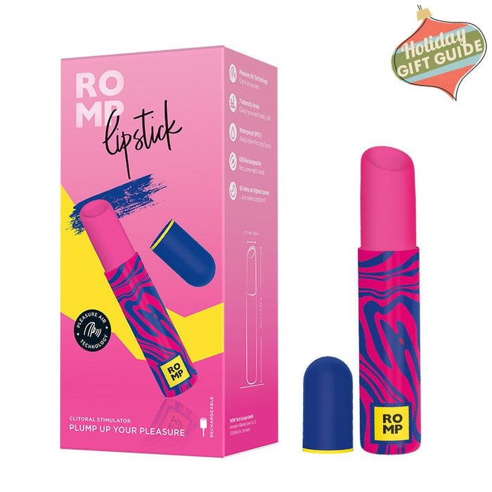 Image of a WOW Romp Lipstick First Time Pleasure Air Clitoris Stimulator Vibrator standing next to its vibrant, zebra-patterned packaging in pink and blue. The box highlights product features, such as Pleasure Air Technology, designed to enhance pleasure and stimulate clitoral orgasms.