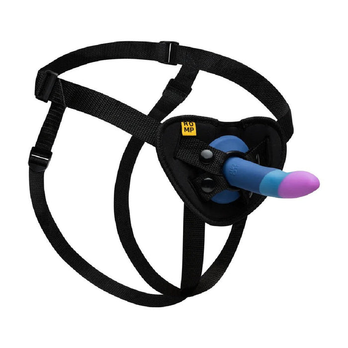 A black Lovehoney strap-on harness with a Romp Piccolo dildo attached, isolated on a white background.