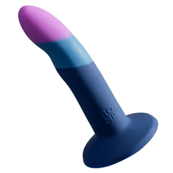 A colorful silicone Lovehoney Romp Piccolo First Time Pegging Kit - Strap on Harness + Dildo with a gradient from pink to blue, featuring a suction base, isolated on a white background.