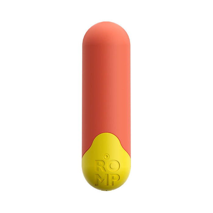 The WOW Romp Riot First Time Bullet Vibrator - Orange is a capsule-shaped, cylindrical device with a coral-colored top half and a yellow bottom half. The yellow section features raised letters spelling "R O M P." This USB rechargeable vibrator delivers powerful vibrations and boasts a minimalistic, modern design.