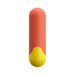 The WOW Romp Riot First Time Bullet Vibrator - Orange is a capsule-shaped, cylindrical device with a coral-colored top half and a yellow bottom half. The yellow section features raised letters spelling "R O M P." This USB rechargeable vibrator delivers powerful vibrations and boasts a minimalistic, modern design.