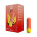 A small bullet vibe in orange with yellow accents stands next to its packaging. The packaging displays the product name “Romp Riot First Time Bullet Vibrator - Orange” by WOW and lists features like powerful vibrations, USB rechargeable functionality, 6 vibration modes, waterproof design, and body-safe materials.