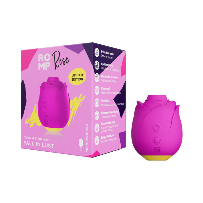 The image showcases a boxed product of the limited edition WOW "Romp Rose Pleasure Air Clitoris Stimulator" in pink, designed to resemble a rosebud. The packaging highlights features such as its silicone-coated exterior, waterproof design, Pleasure Air Technology, and magnetic charging. The tagline reads "Fall in Lust.