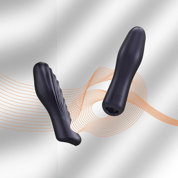 The Ryzer 2 in 1 Penis Extender and Masturbation Sleeve, ergonomically designed with liquid silicone, features smooth and textured surfaces. Displayed against a gray backdrop with orange waves, it combines comfort and style in a distinctive purple shade.