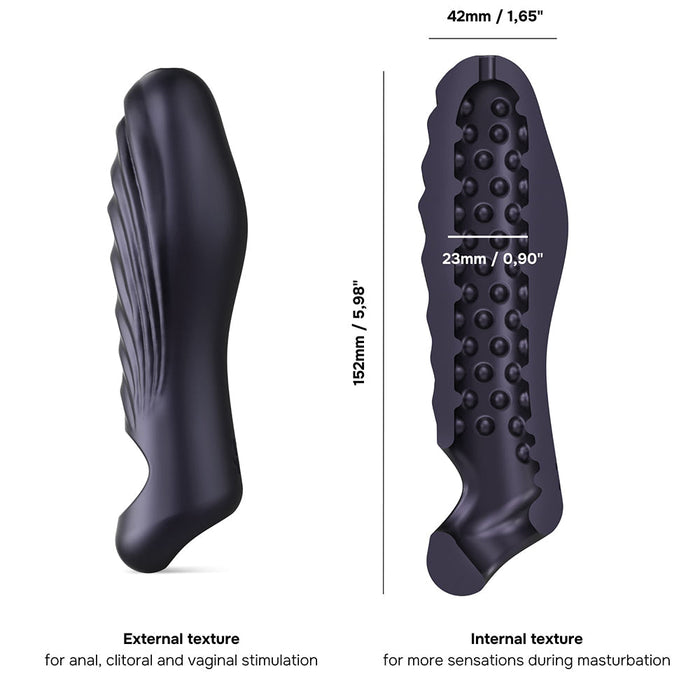 The Ryzer 2 in 1, a purple silicone sex toy, features external ridges and internal bumps for varied stimulation. Measuring 152mm long and 42mm in diameter, this penis extender and masturbation sleeve is crafted for ultimate pleasure. Image includes measurements and usage details.