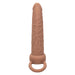 The Performance Maxx Double Penetration Vibrating Dildo in Light Chocolate is a silicone, phallic-shaped sex toy with textured detailing for enhanced anal exploration and a sturdy ring base.