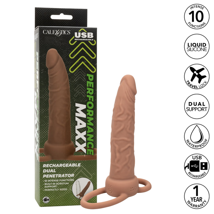 The Performance Maxx Double Penetration Vibrating Dildo in light chocolate comes neatly packaged, featuring 10 functions, a liquid silicone design, travel lock, dual support for double penetration, waterproof capability, USB rechargeable convenience, and a 1-year warranty.