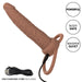 The Performance Maxx Double Penetration Vibrating Dildo in Light Chocolate is a brown textured silicone sex toy with USB charging. It features "Powerful," "Body Safe," and "Whisper Quiet" for versatile pleasure, from double penetration to gentle anal exploration.