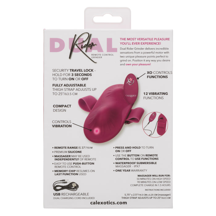 Packaging for the CalExotics Dual Rider Strap-on Grinding Pad with Remote Control in magenta. This USB rechargeable device offers 12 vibrating functions, vibrating ridges, full adjustability, and a security travel lock. The packaging includes detailed information about the wireless remote control’s range and features.