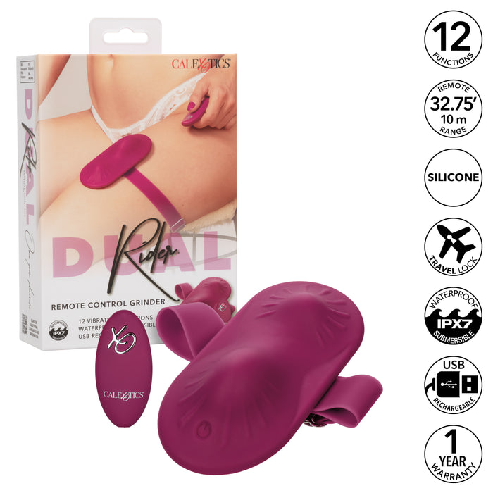 The product image of the CalExotics Dual Rider Strap-on Grinding Pad with Remote Control showcases its vibrant purple color against its packaging. This device, equipped with vibrating ridges and a grinding pad, offers 12 functions and operates within a range of 32.75 feet. Crafted from silicone, it includes a wireless remote control and is USB rechargeable.