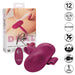 The product image of the CalExotics Dual Rider Strap-on Grinding Pad with Remote Control showcases its vibrant purple color against its packaging. This device, equipped with vibrating ridges and a grinding pad, offers 12 functions and operates within a range of 32.75 feet. Crafted from silicone, it includes a wireless remote control and is USB rechargeable.