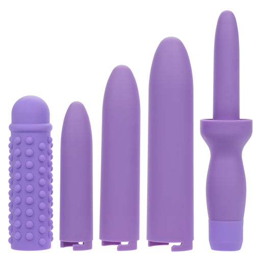 Introducing the Dr. Laura Berman Vibrating Dilators Set of 4 by CalExotics—this collection includes four purple silicone massagers with diverse shapes and textures, featuring both smooth surfaces and textured nubs. Expertly designed by Dr. Berman, this waterproof set is ideal for customized comfort to suit different preferences.