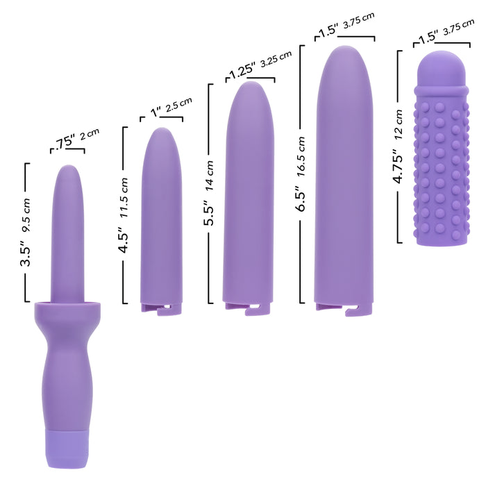 An array of four purple sex toys from the Dr. Laura Berman Vibrating Dilators Set, each with its own unique shape and size, is displayed against a white background. The image includes measurements detailing both length and width in inches and centimeters. These waterproof toys from CalExotics offer a variety of vibration patterns for personalized pleasure.