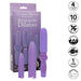 The image displays a purple box labeled "Dr. Laura Berman Vibrating Dilators Set of 4" alongside four differently sized dilators from the CalExotics brand. The box accentuates features, including 10 vibration patterns, travel lock, waterproof design, USB rechargeable capability, and a 1-year warranty, with icons shown on the side.