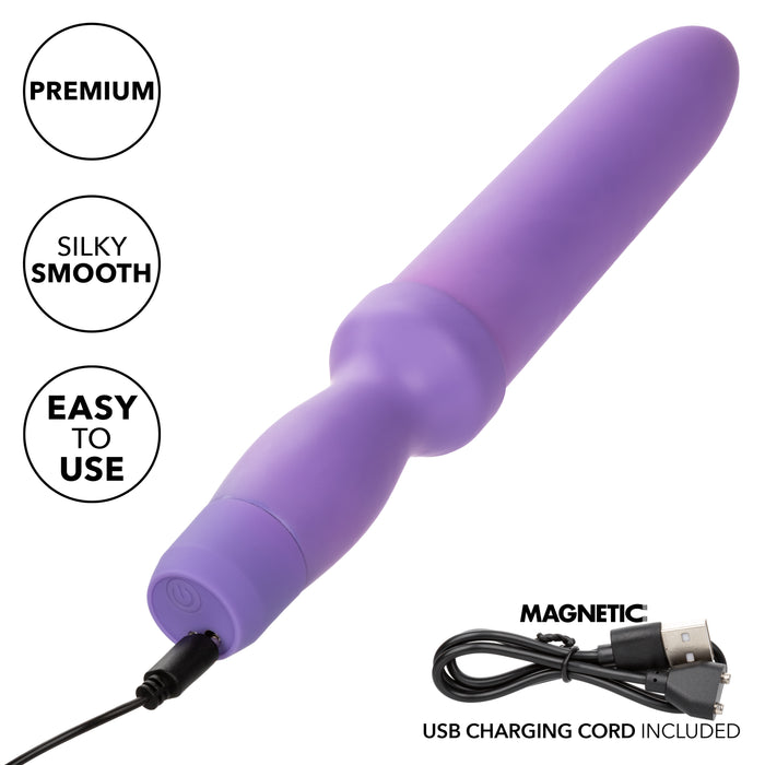 The Dr. Laura Berman Vibrating Dilators Set of 4 by CalExotics is displayed, accompanied by a USB charging cord. Text bubbles highlight: "PREMIUM," "SILKY SMOOTH," and "EASY TO USE." With a waterproof design and multiple vibration patterns, you’ll enjoy convenience thanks to the included magnetic USB charging cord.