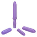 Explore the versatile Dr. Laura Berman Vibrating Dilators Set of 4 from CalExotics, featuring detachable purple sex toy components: a long cylindrical handle with a rounded tip, a removable textured silicone sleeve with raised bumps, a smooth cover sleeve, and a shorter cylindrical attachment that offers 10 levels of vibration.