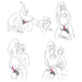 Line drawings of couples in various intimate positions using the Thigh Strap-on Harness - Black with a pink attachment, showcasing adjustable fitting. The illustrations highlight different angles and interactions, emphasizing the neoprene harness's role in a sensual context.