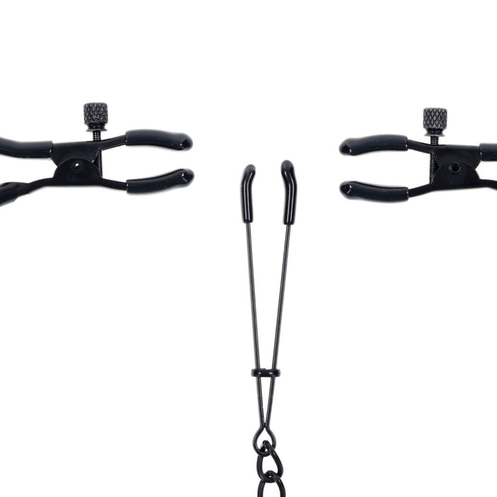 Black, metal Saffron Nipple to Clit Clamps with coated tips, positioned against a white background, mirror-imaged to face each other by Sportsheets.