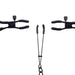 Black, metal Saffron Nipple to Clit Clamps with coated tips, positioned against a white background, mirror-imaged to face each other by Sportsheets.