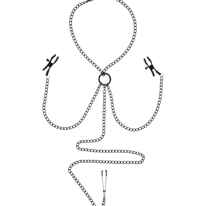 An illustration of the Saffron Nipple to Clit Clamp and Chain Set by Sportsheets set in a line drawing style, featuring an anchor design symbolizing nautical themes.