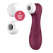 A wine red Satisfyer Pro 2 Gen 3 App Controlled Pressure Wave Clitoral Stimulator, renowned for its innovative clitoral suction and Air Pulsation technology, is pictured alongside two white caps and a label that reads "+ NEW CAP." The device is designed by Satisfyer for intimate use.