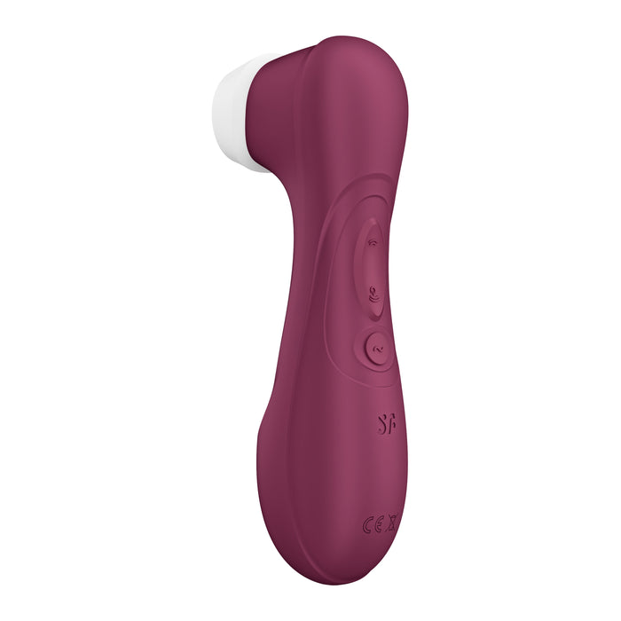 A wine red handheld personal massager with a white silicone tip designed for clitoral suction, the Satisfyer Pro 2 Gen 3 App Controlled Pressure Wave Clitoral Stimulator features two control buttons and a central logo marked "SF" with CE and other certifications imprinted near the base, similar to the popular Satisfyer Pro 2.