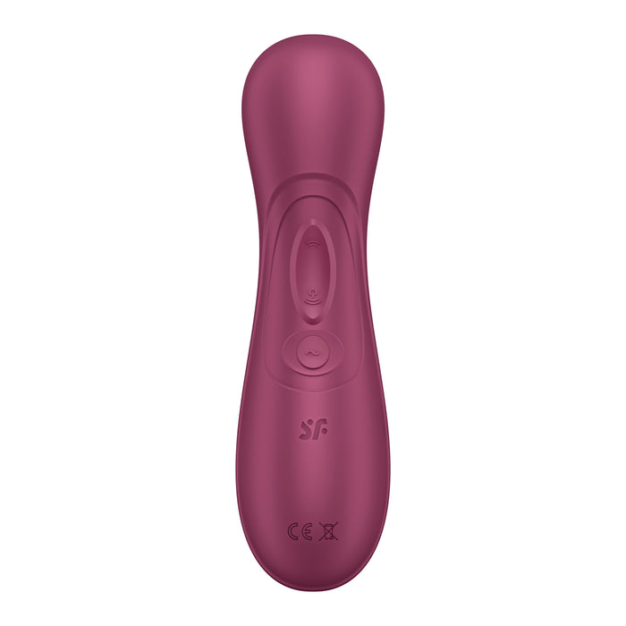 The Satisfyer Pro 2 Gen 3 App Controlled Pressure Wave Clitoral Stimulator in wine red features an ergonomic design and cutting-edge clitoral suction technology. Its smooth, rounded shape includes a central control panel with a circular button and toggle switch, while the brand logo and certification marks are prominently displayed towards the bottom.