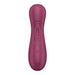 The Satisfyer Pro 2 Gen 3 App Controlled Pressure Wave Clitoral Stimulator in wine red features an ergonomic design and cutting-edge clitoral suction technology. Its smooth, rounded shape includes a central control panel with a circular button and toggle switch, while the brand logo and certification marks are prominently displayed towards the bottom.