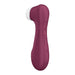 A wine red Satisfyer Pro 2 Generation 3 Pressure Wave Clitoral Stimulator with a white, smooth circular tip. The device features a curved ergonomic design with buttons for operation visible on the front side. The letters "SF" are also engraved on the front. This model uses air pulsation technology for enhanced sensations.