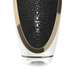 A close-up of the Satisfyer Luxury Air Pulsation + Vibration showcases its premium design, featuring a textured black leather surface with elegant gold accents. The pattern consists of small, pebble-like details, highlighted by a central white band and encased in a sleek white and gold frame. Its ergonomic handle seamlessly complements this sophisticated design.