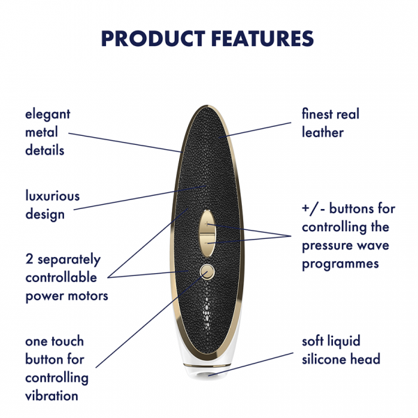 Image of the Satisfyer Luxury Air Pulsation + Vibration - Gold & Black Leather, showcasing its elegant metal details, luxurious design, two independently controllable power motors, a one-touch button for vibration control, finest real leather finish, ergonomic handle for easy use, +/- buttons for pressure wave programs, and soft liquid silicone head.