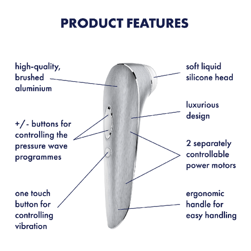 Introducing the Satisfyer Luxury Air Pulsation + Vibration - Pure Aluminum, a stylish and high-quality pleasure device crafted from brushed aluminum. It boasts a velvety liquid silicone head for ultimate comfort during use. This product is equipped with intuitive plus/minus buttons for precise control over clitoral stimulation, a touch button to manage vibrations, and features dual independent power motors. Its ergonomic handle ensures effortless handling for an exquisite sensory experience.