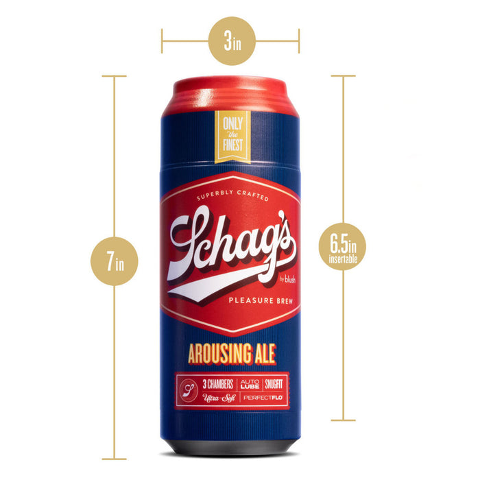 An image of a "Schag's Arousing Ale Self-Lubricating Penis Stroker" by Blush. The can is predominantly blue with red and white accents and text. Measuring 7 inches tall and 3 inches in diameter, it offers an insertable length of 6.5 inches, making it a discreet pleasure device designed to resemble a casual beverage for privacy.