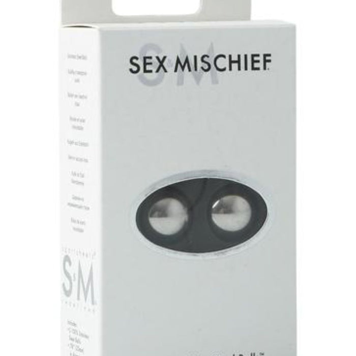 A product packaging for Sportsheets' "Sex & Mischief Steel Kegel Balls," intended for strengthening pelvic floor muscles and adult use.