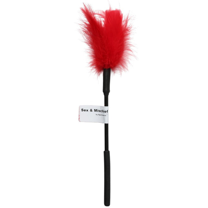 The Sex and Mischief 7" Feather Tickler by Sportsheets features a red feather with a black handle and a label that reads "Sex & Mischief".