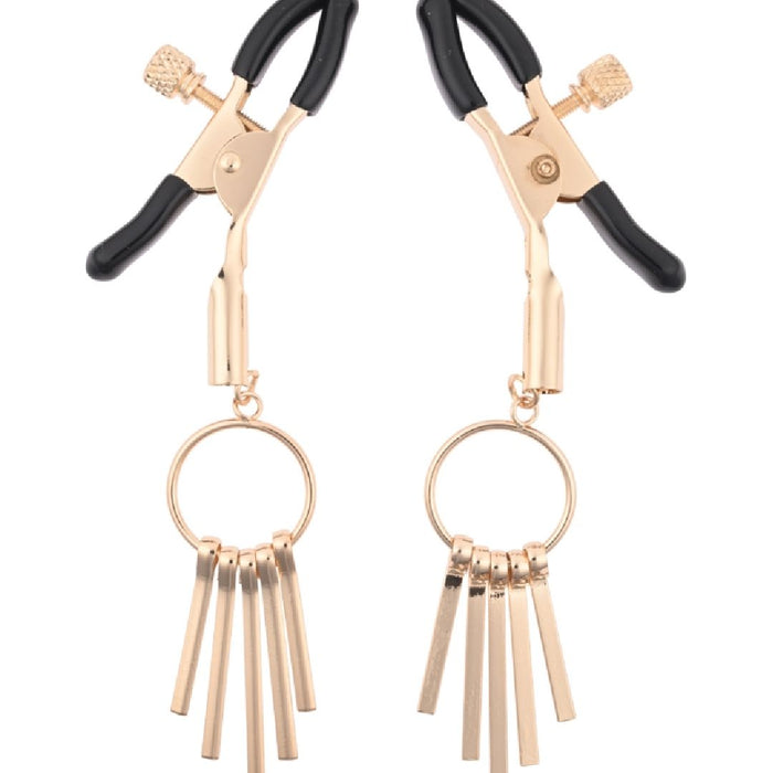 A set of stylish gold and black keychain clips with adjustable clamps, featuring attached gold bars as decorative elements for the Sex and Mischief Gold Nipple Clamps by Sportsheets.