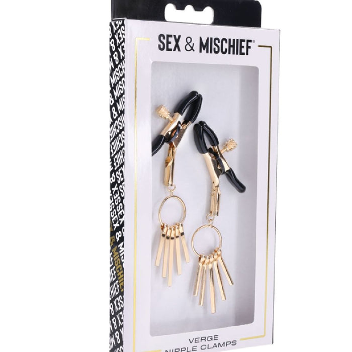 A packaged set of Sportsheets Sex and Mischief Gold Nipple Clamps with tassel accents, designed for stimulating erogenous zones, displayed in an upright position.