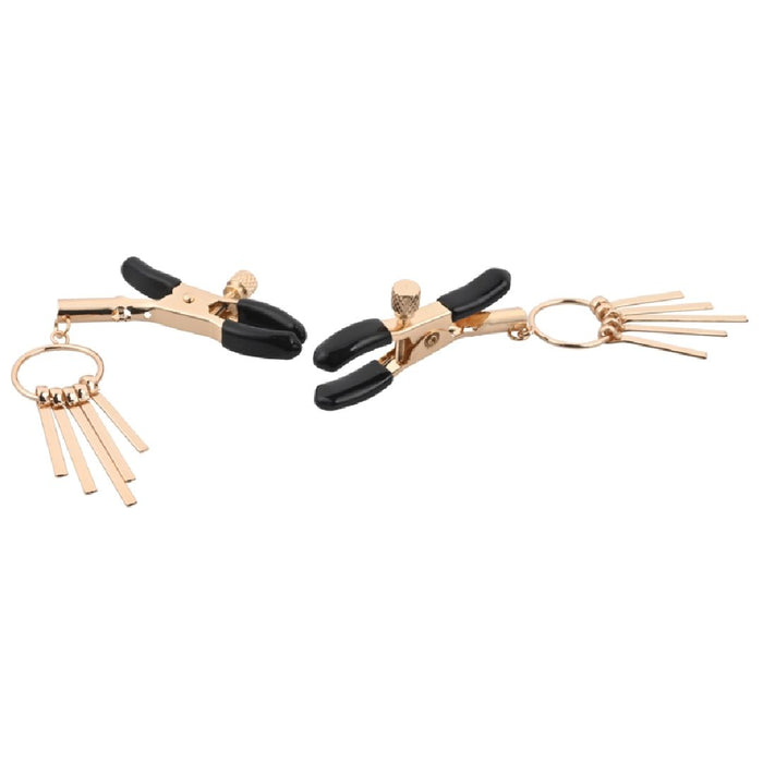 Two elegant keychains with gold-toned details and black grips, designed to resemble Sex and Mischief Gold Nipple Clamps with adjustable clamps, isolated on a white background. (Brand: Sportsheets)