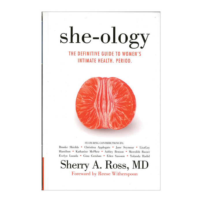 A book cover titled "She-ology: The Definitive Guide to Women's Intimate Health. Period." by Sherry A. Ross, MD, featuring a sliced grapefruit at the center from Simon & Schuster