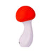 The Shroomie Mushroom Shaped Mini Wand Vibrator by Maia Toys is a minimalist, abstract piece that features a red cap and a smooth, curved white stem. Standing upright on a plain white background, it evokes the playful whimsy characteristic of Trippy Toys.