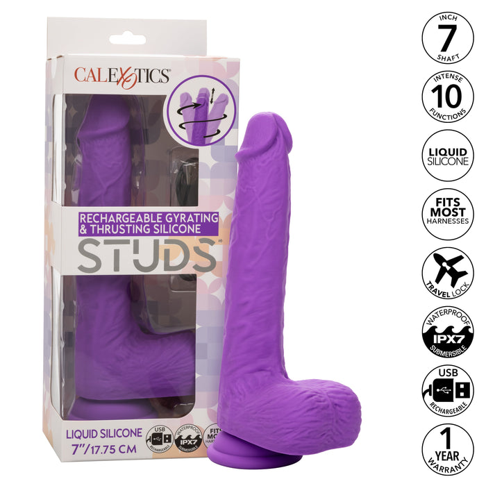 A pink vibrating dildo made from silky silicone stands next to a product box. The packaging showcases its features, including rechargeable, gyrating, and thrusting functions; 9.5-inch size; liquid silicone material; fits most harnesses; waterproof design for intense action, and a 1-year warranty. It is named the Silicone Stud Rumbling & Thrusting 9.5 Inch Pink Dildo by CalExotics.